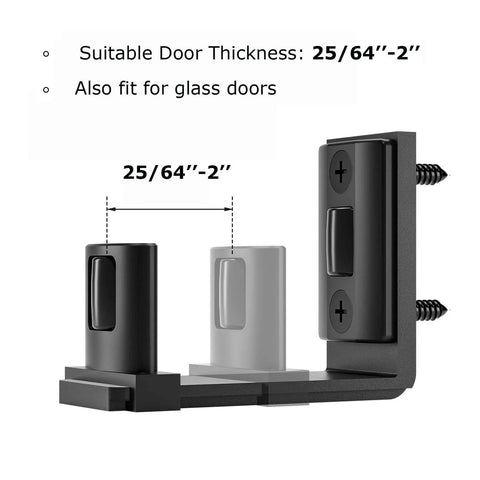 Sliding Barn Door Floor Guide With Adjustable Bottom Rollers, Double Nylon Wheels, Wall Mounted Black Finish, Built To Last Heavy Duty Steel Frame For 1 To 2 Inch Thick Doors, Smooth And Quiet Glide Across Your Home Or Office, displayed with screws and suitable door thickness indication.