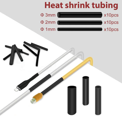 Heat shrink tubing kit shown with 3mm, 2mm, 1mm sizes in use, part of Silicone Soldering Wire Holder With 30 Piece Heat Shrink Tubing Kit