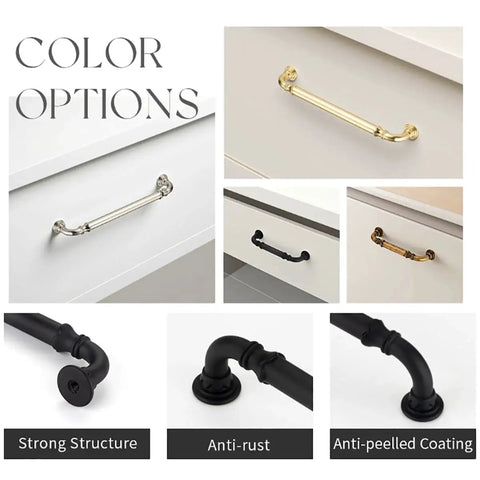 Arch Cabinet Handles in Champagne Bronze and Matte Black, European Style Arched Drawer Pulls shown on kitchen drawers and cabinetry.