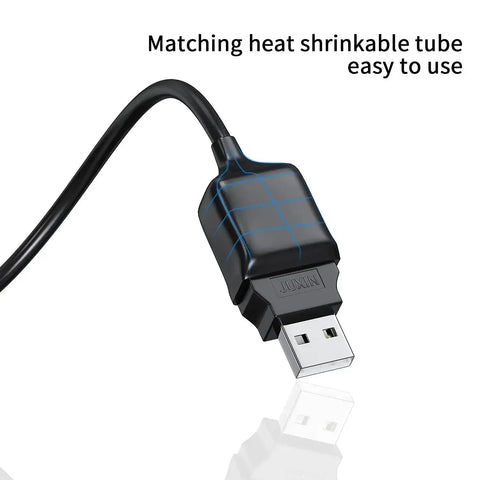 Close-up of Solderless USB Two Point Zero Connectors DIY Adapter Kit With Plug And Play Screw Terminal Block For USB Cable Type A Converter Pluggable Repair Kit Includes Male And Female Ends For Easy Cable Extension And Quick Fixes showing USB cable with heat shrinkable tube.