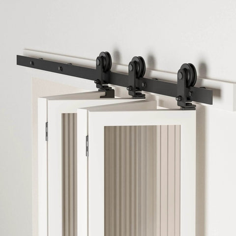 Heavy Duty Bifold Barn Door Hardware Kit For Four Doors, Six Foot Sliding Track System, All Doors Open To One Side, Carbon Steel