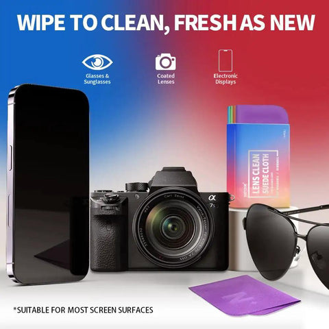 Eight Pack Microfiber Lens Cleaning Cloths For Glasses Screens Cameras VR AR includes phone, camera, sunglasses, purple cloth