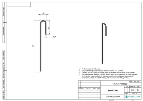 Technical drawing of J Hook Rebar Stakes Set Of 10 Extra Heavy Duty One Quarter Inch Coated Steel Ground Anchors With Chisel Point End 12 Inches Long Rust Resistant Industrial Grade Construction For Secure Soil Anchorage In All Ground Conditions showing dimensions and specifications.