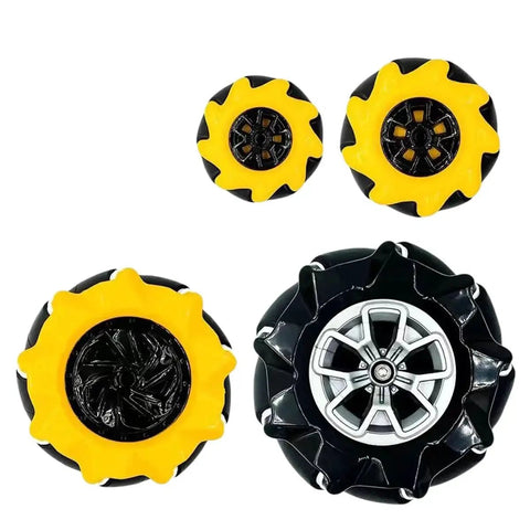 Omni Wheel Set for TT Motors Smart Carts Mobile 48mm 60mm 80mm 97mm, showing four wheels in different sizes with yellow and black design.
