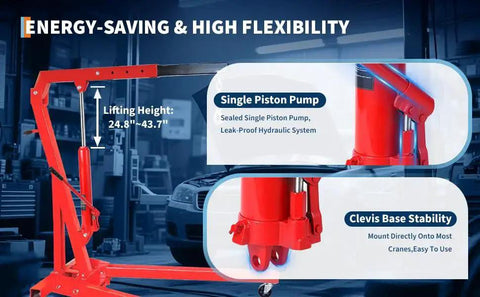 8 Ton Long Ram Hydraulic Jack With Clevis Base And Air Pump For Engine Hoists in a workshop, focus on pump and clevis stability