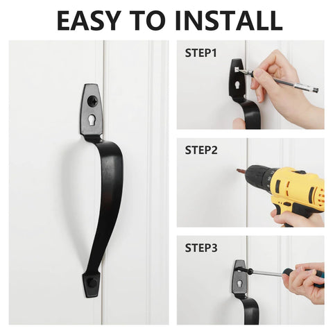 Installation steps for Beefy 10 Inch Barn Door Handle Set, Black Metal Gate Pulls For Wooden Fences And Sheds, Rustic Industrial Sliding Door Pulls, Includes Screws And Mounting Hardware, 2 Pack on white door.