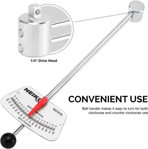 1/4-Inch-Drive Beam Torque Wrench With Dual SAE And Metric Readings For Bicycle And Automotive Use with close-up of drive head