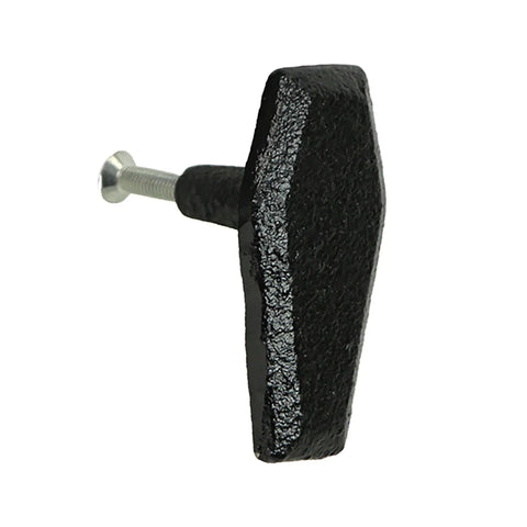 Side view of Gothic Black Cast Iron Coffin Drawer Pull, 2.5 inches long, 1.5 inches high, for cabinets and drawers, vintage decor