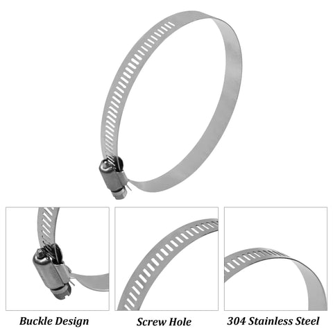 6 Pack Adjustable 3.5 Inch 304 Stainless Steel Hose Clamps Worm Gear Duct Clamp for air ducting automotive plumbing and mechanical applications fits three to four inch hoses 78 to 101 mm, close-up view showing buckle design and screw hole.