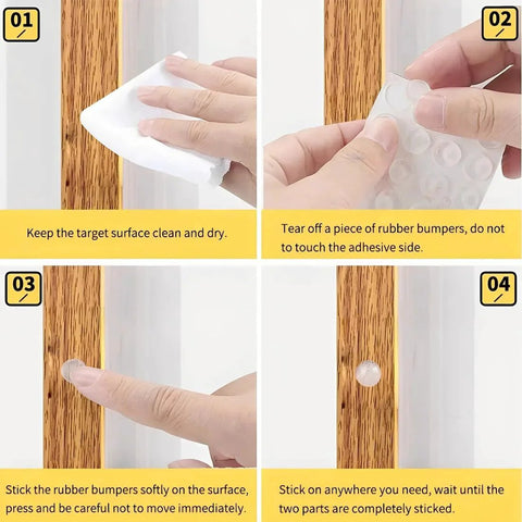 Instructions for applying clear self adhesive cabinet door bumpers 6mm diameter 2mm thick on wooden surface in kitchens and bathrooms