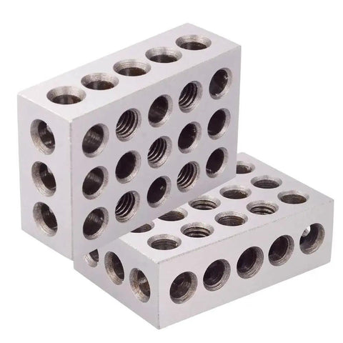 Machinist Grade 1 By 2 By 3 Hardened Steel Block Set Matched Pair With 23 Holes Including Five Tapped Three Eighths Inch By Sixteen TPI Holes And Eighteen Plain Holes Precision Ground On All Sides For Setups Layout And Inspection In Milling