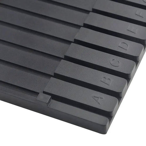 Close-up of a black plastic Hobby Parts Organizer Rack And Folding Shelves Stand For Model Kit Build with labeled sections.