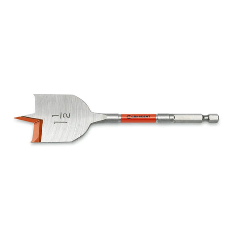 Built Tough Flat Spade Drill Bit For Fast Chip Removal And Aggressive Cuts, 6 Inch Length, One And One Half Inch Diameter