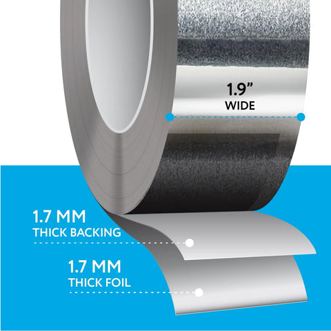 Aluminum foil duct tape roll, silver, 1.9 in wide, 1.7 mm thick foil/backing for HVAC sealing.
