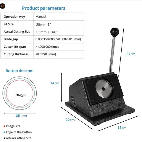 Heavy Duty 1 Inch Circle Punch Cutter Button Maker For Paper Craft And Diy Projects with size chart and dimensions