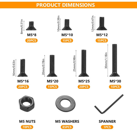 Product dimensions of All Purpose Hex Socket Countersunk Screw Set Kit With Nuts, Washers And Allen Wrench, M5 size details.