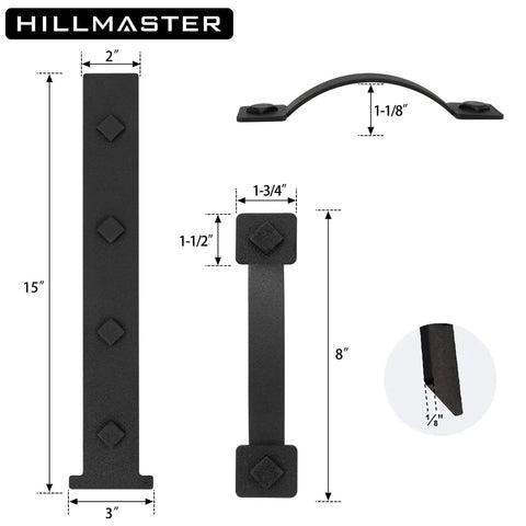 Six Piece Garage Door Magnetic Decorative Hardware Kit featuring hinge and handle dimensions in black color for metal doors.