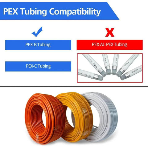 PEX tubing compatibility chart with PEX-B and PEX-C tubing allowed, PEX-AL-PEX not compatible, showing rolls of tubing.