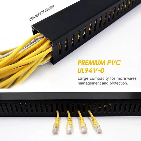 Open Slot Cable Management Kit with upgraded snap structure for big cable loads, black PVC, showing yellow cables organized inside.