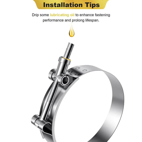 Close-up of 4 Pack 304 Stainless Steel T Bolt Hose Clamps 81mm To 89mm Adjustable Range, highlighting lubrication tip.