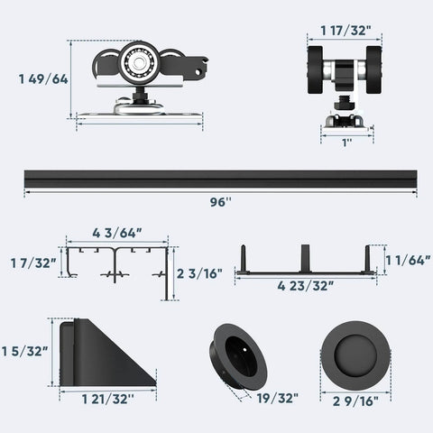8 Foot Heavy Duty Bypass Door Hardware With Finger Pulls, Aluminum Sliding Closet Door Track For Two Door System, Quiet And Smooth Operation, Fits Door Thickness 1 3 8 Inch Or 1 3 4 Inch, Easy To Install, Black components and measurements.