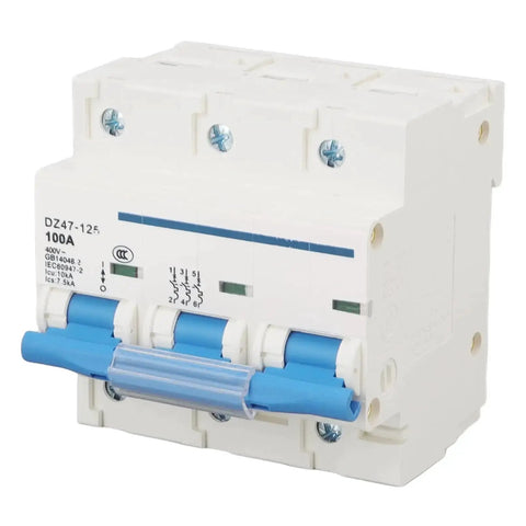 Front view of a 3 Pole DIN Rail Mount Circuit Breaker 100A 400V with automatic shutdown and rapid arc extinction.