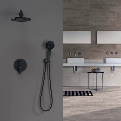 Matte Black Shower System With Wall Mounted Shower Mixer And Top Notch High Pressure Rain Shower Head Plus Three Setting Handheld