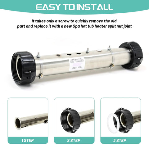 Side view of spa hot tub heater union kit with screws, gasket and O-rings for Balboa Gecko; metal tube with black plastic unions.