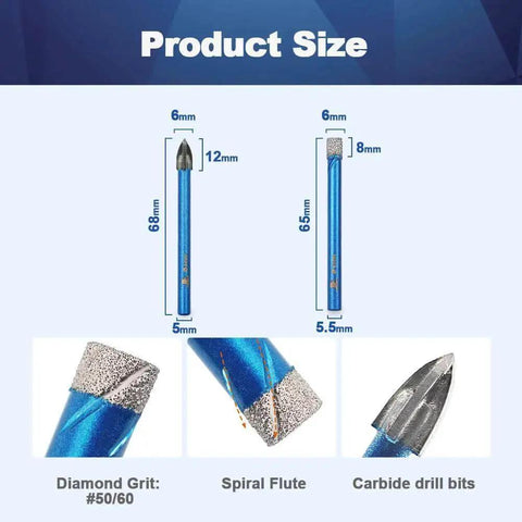 Pro Grade Ten Piece Heavy Duty Diamond Hole Saw Core Drill Bit Set One Quarter Inch Six Millimeter With Round Shank diameter details