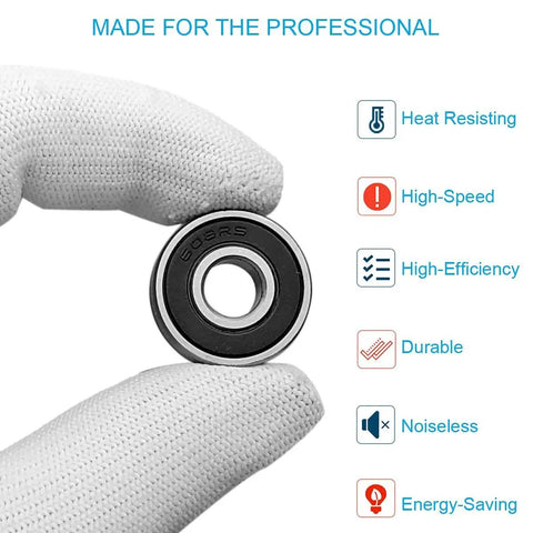 Close-up of 24 Pack Double Rubber Sealed 608-2RS Ball Bearing 8x22x7mm held by gloved hand, highlighting durability and efficiency features.