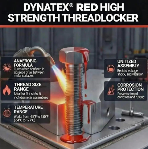 Red No Nonsense Heavy Duty High Strength Thread Locker 0.20 Oz Bottle For Permanent Lock On Large Fasteners, image showing application details and benefits.