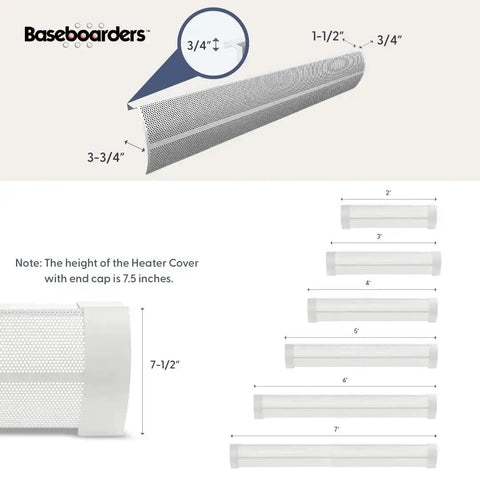 Elliptus Series 7 Ft Galvanized Steel Slip-On Baseboard Heater Cover dimensions and sizes chart, white, rust-resistant