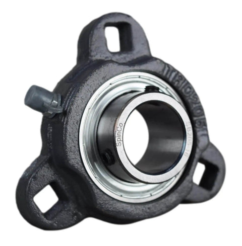 1 Inch Three Bolt Flange Bearing With Cast Iron Housing And Grease Zerk, 1 Inch Bore, Two Set Screws, 2.59 Inch Spacing, 3 Inch Length