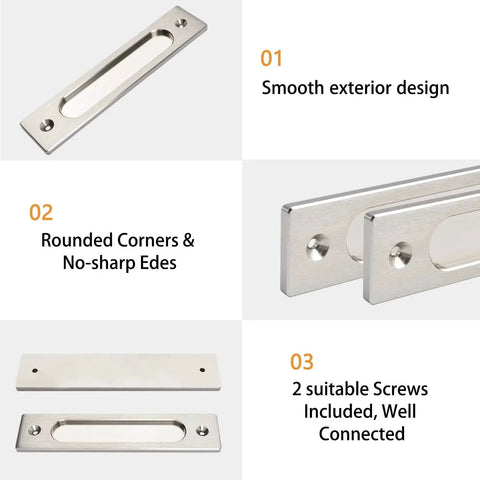 Rectangular Recessed Sliding Door Pulls 2 Piece Brushed Steel Flush Pulls, detailed features infographic with smooth design
