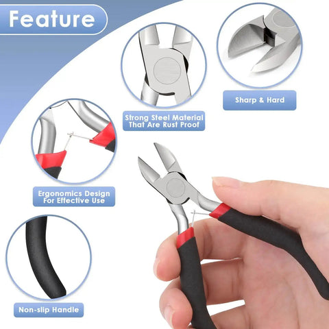 Hand holding Beast Pro Grade Wire Cutters for Crafts and Jewelry Making, features include rust-proof steel material and ergonomic design