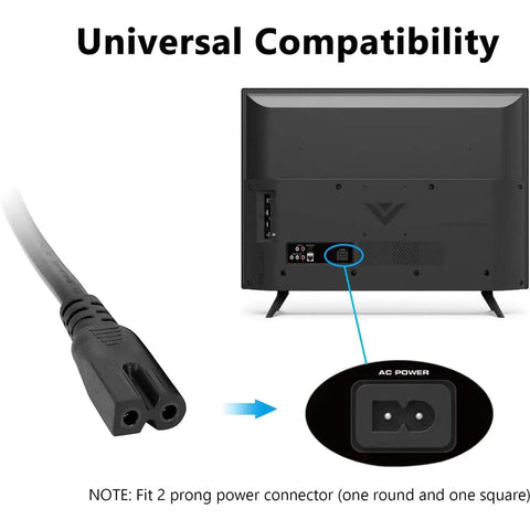 2 Prong Polarized AC Power Cord Replacement For HDTVs And Audio Gear, 6.5 Ft Long, showing connector compatibility with device