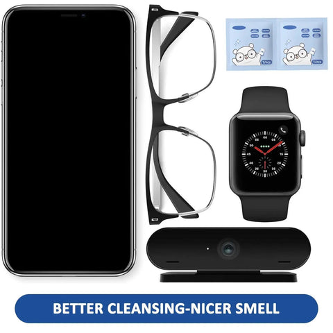 Anti Fog Lens Wipes For Glasses And Screens Scratchless 200 Moistened Wipes next to smartphone, glasses, smart watch, camera, and packaging