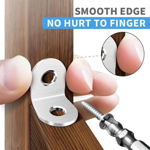 Close-up of a stainless steel L bracket on wood with screw, part of 40 Pieces L Bracket Corner Brace Set With 120 Screws 90 Degree Metal Brackets.