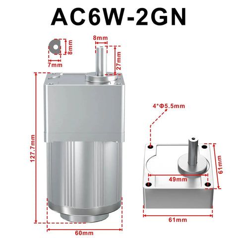 Compact 6W 110V Reversible AC Motor With Gearbox Reduction 7500 To 1 Adjustable Speed Up To 180 RPM dimensions and specifications