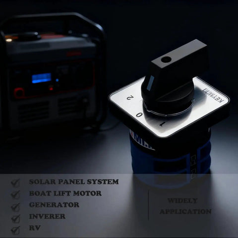 40A Rotary Changeover Switch for Industrial Power Control with 660V Rating, 3 Position ON OFF ON, 2 Poles, in a dark setting