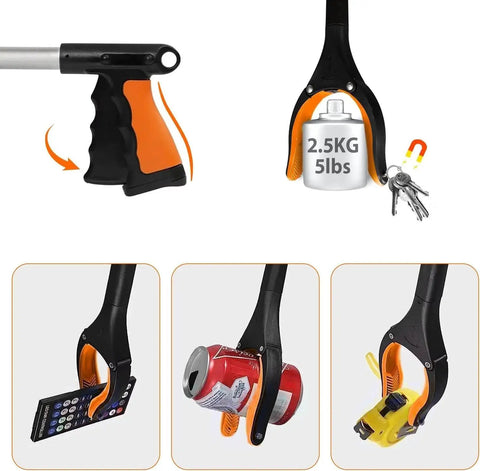 43 Inch Foldable Grabber Reacher Tool Two Pack With Rotating Jaw Magnets Heavy Duty Pickup Tool shown lifting various items.