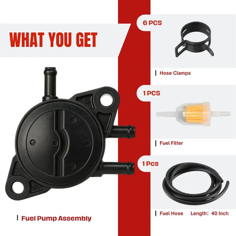 OEM Replacement Fuel Pump 12 GPH Direct Fit For Lawn Mowers And Golf Carts High Performance Electric Fuel Pump Delivers Reliable Pressure Replaces 597338 491922 557033 No Fuss Install Durable OEM Grade Replacement including fuel pump assembly, hose clamps, fuel filter, and fuel hose.