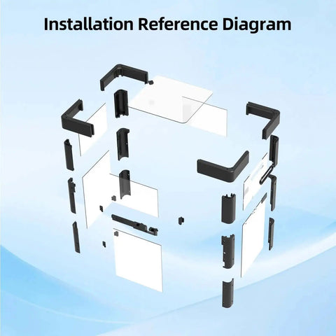 Installation diagram for Upgraded Enclosure Kit For Falshforge AD5X 3D Printer with acrylic panels and screws.