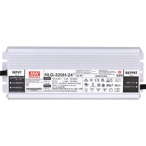 320W 24V DC LED Driver And Power Supply With Dual CV And CC Output, IP67 Waterproof, UL Recognized, front view