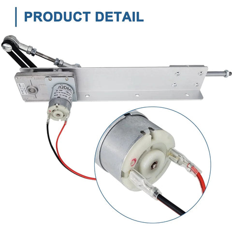 Close-up of reciprocating cycle linear actuator with 24V DC power, adjustable stroke, telescoping gear drive, 150mm travel, 120 RPM.