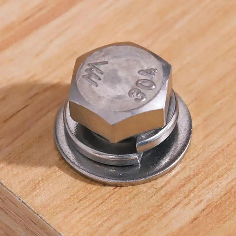 Bolt with 304 Stainless Steel Flat Washers and Lock Washers Set Built to Last, 100 Pcs Total, mounted on wood surface