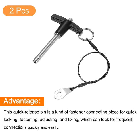 Two Pack T Handle Lock Pins 6mm x 40mm Stainless Steel Push Button Quick Release Pins with cable attachment shown on white background