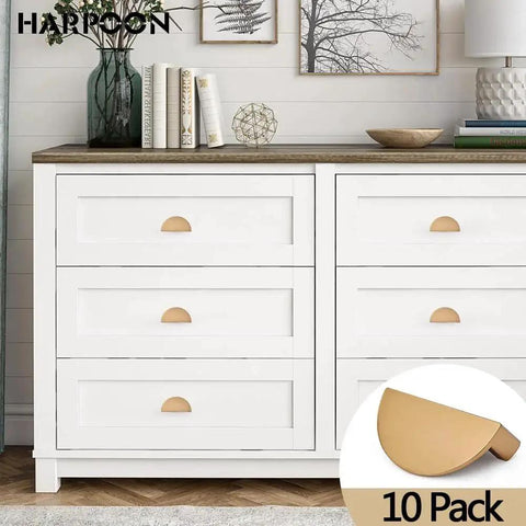 Champagne Bronze Cabinet Cup Pulls 10 Pack Modern Drawer Handles installed on white dresser, zinc alloy, 64mm center to center