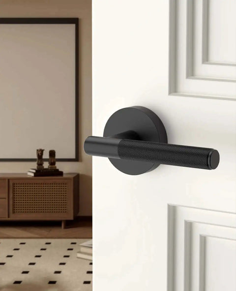 One Pack Keyless Passage Door Handle Lever For Indoor Use Heavy Duty Black Interior Door Hardware installed on white door