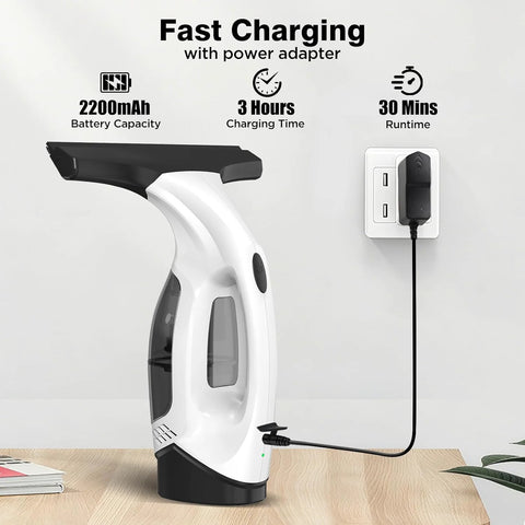 ZRHI cordless window vacuum squeegee, white body with black head, on table plugged into wall charger